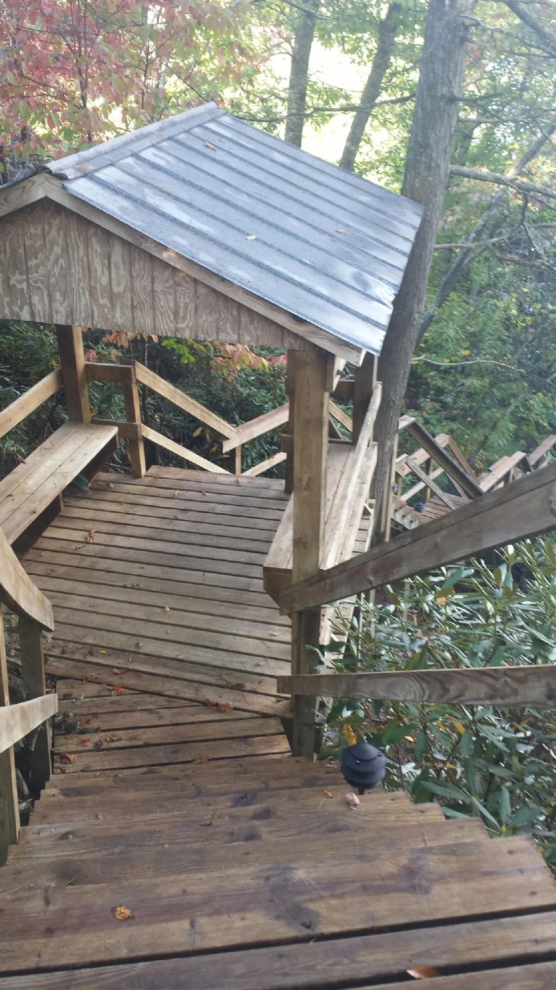 Metal roofed shelter over wooden steps on a wooded walkway — Skylight Repair & Installation work by our crew in Mount Hamilton
